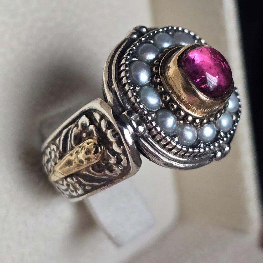 Byzantine style square ring US6 Pink tourmaline 18k Gold and 925 Sterling Silver